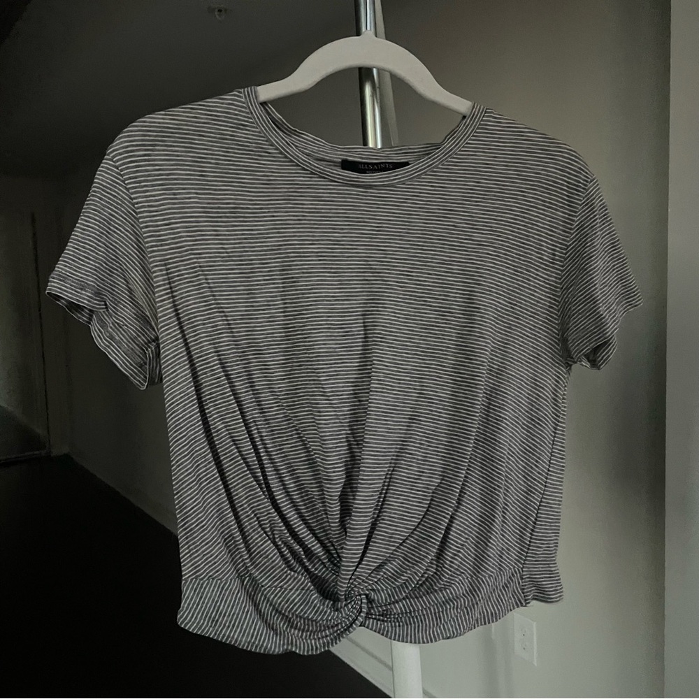 AllSaints Black and White Striped Short Sleeve Knot Front Tee
